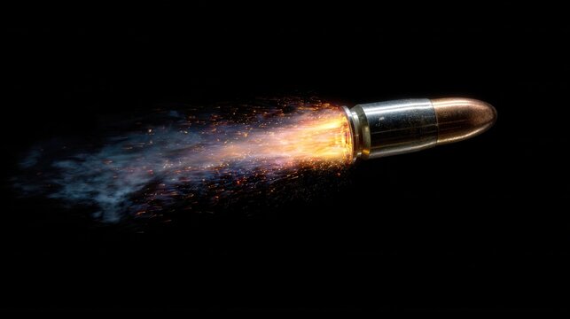 Dynamic bullet firing with intense golden flames, blue smoke and flying sparks against dramatic black background, action scene with powerful explosion effect.