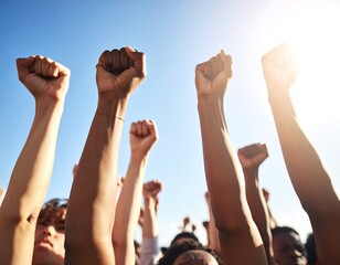 Upward angle depicts many raised fists against a bright sky
