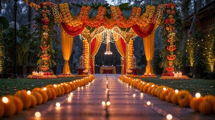 Fototapeta premium A vibrant and festive Raksha Bandhan celebration entrance beautifully decorated with an abundance of traditional Indian elements, exuding warmth, joy, and cultural richness