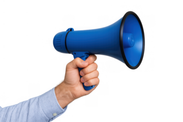 Hand holding a blue megaphone, announcing news, making a presentation, giving a warning, or protesting on transparent background