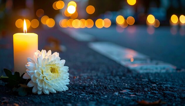 White chrysanthemum flower and burning candles on dark street. Funeral concept.