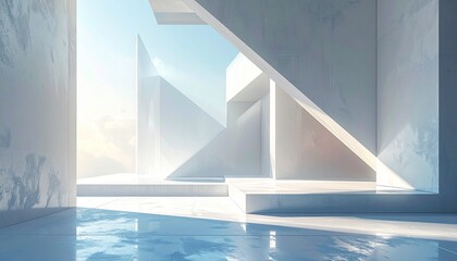 Bright sunlight illuminates an architectural space of white, abstract, geometric shapes and sharp angles with a reflective floor.