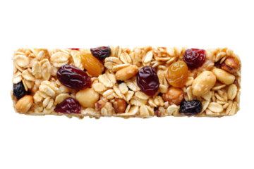 Granola bar with nuts and dried fruit isolated on a transparent background