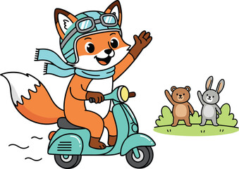 Cute cartoon fox riding scooter waving hello, adorable animal illustration with bear and bunny friends, fun kids character art design