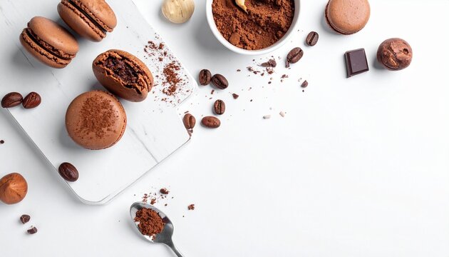 Aesthetic arrangement of chocolate desserts including macarons, brownies, chips, and a glass of chocolate milk on a white surface. - Powered by Adobe