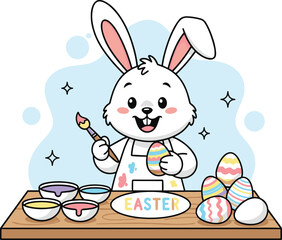 Cute Easter bunny painting colorful eggs, happy cartoon rabbit with paintbrush and decorated eggs, festive spring holiday illustration