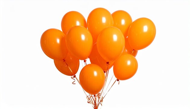 Cluster of glossy orange balloons with white strings against a clean white background, creating a vibrant and cheerful visual. - Powered by Adobe