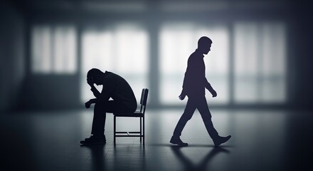 One person walking away from another person sitting alone and dejected in a dimly lit room.