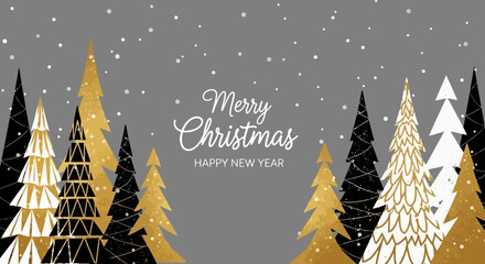 Festive Christmas Tree Forest with Golden and Black Trees for Holiday Background
