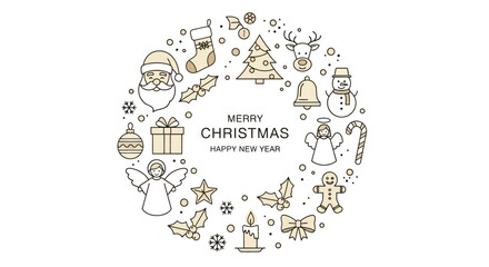 Minimalist Christmas Wreath Illustration with Holiday Icons and Greetings