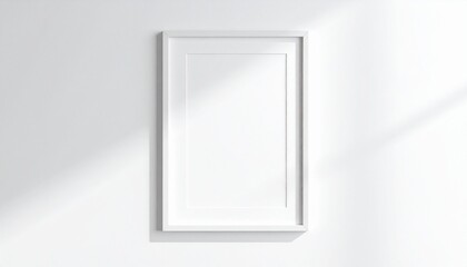 Minimalist white frame mounted on a white wall, casting a soft shadow and symbolizing simplicity, emptiness, or creative potential.