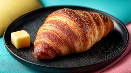 Flat lay single croissant on matte black background pastry bakery food breakfast french cuisine buttery flaky delicious fresh baked bread artificial intelligence generated image