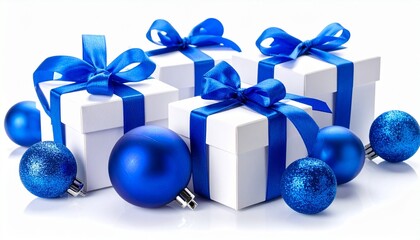 Festive arrangement of white gift boxes with shiny blue ribbons and assorted blue Christmas ornaments on a white background.