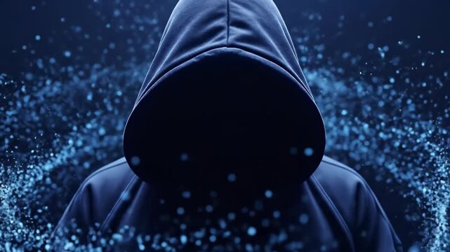 A hooded hacker stands in the dark with a mysterious, digital 4k aura effect, creating a cinematic and ominous mood against a backdrop of swirling blue particles.