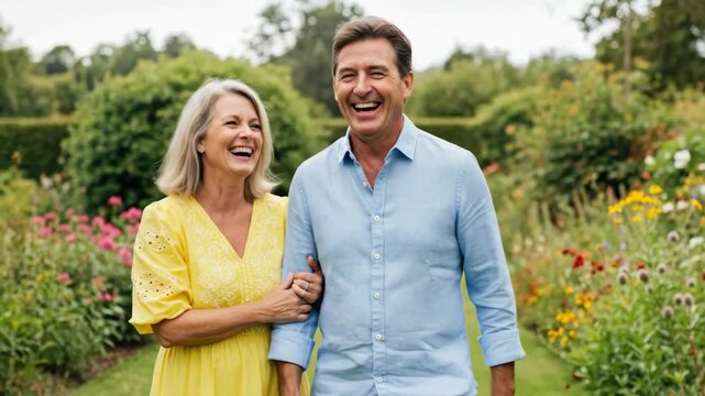 Joyful Mature Couple Laughing Together While Strolling Arm-in-Arm Through a Beautiful Summer Garden.