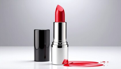 Single tube of vibrant red lipstick with metallic silver casing on a white surface, softly lit with blurred green leaves in the background.