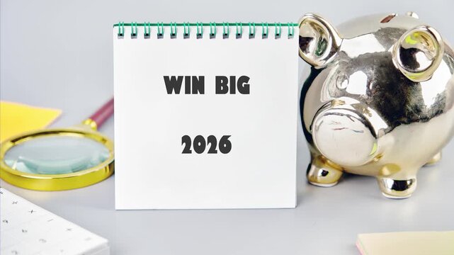 A golden piggy bank sits next to a note saying Win Big 2026. A magnifying glass, ruler and sticky notes are scattered around, suggesting financial strategy and planning