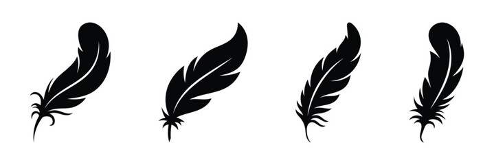 Simple, elegant feather silhouette graphic design. Feather vector icon logo or illustration. Black feather silhouette vector set. Different bird feathers icon collection. Vintage quill pen writing.