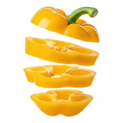 Sliced yellow bell pepper isolated on transparent background, ready to be eaten