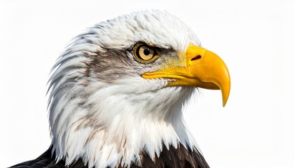 Fototapeta premium Close-up of a bald eagle’s head with piercing yellow eyes and hooked beak against a plain white background, symbolizing strength and freedom.