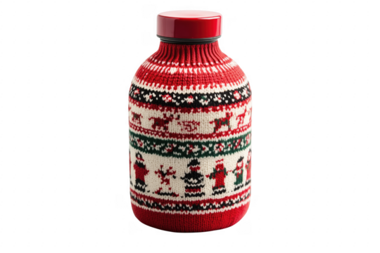 Festive knitted bottle with holiday motifs isolated on a transparent background