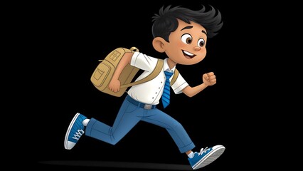 A joyful young schoolboy with a backpack is running with enthusiasm to school, full of energy and excitement on a black background, cartoon style