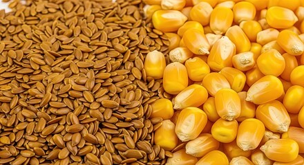 Close-up of healthy flax seeds next to vibrant yellow corn kernels, showcasing natural grains.