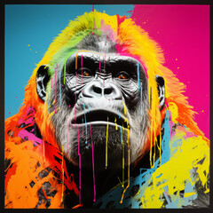 Intense Portrait of a Gorilla Splashed in Vibrant Neon Colors with a Gritty Urban Street Art Vibe and Dripping Paint Texture