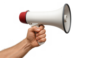 Hand holding megaphone for communication, protest, announcement, or sound alert on transparent background