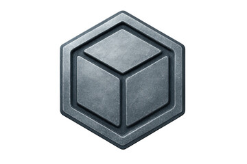 Hexagonal metal badge with a gray cube symbol