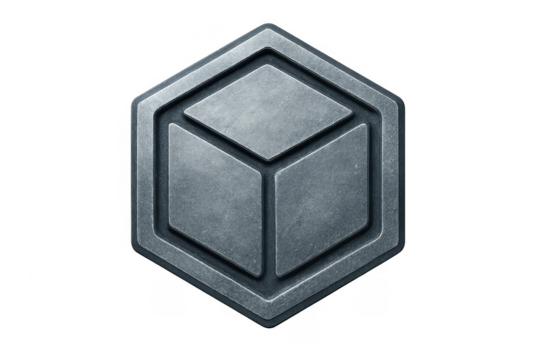 Hexagonal metal badge with a gray cube symbol