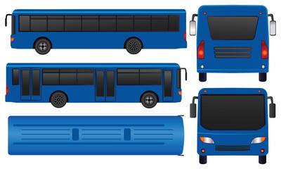 Blue city bus passenger transport vehicle multiple views top, side, Front, Back vector Illustration template and mockup for advertising