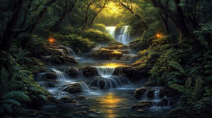 Enchanting Forest Scene with Waterfall, Mushrooms and Ferns