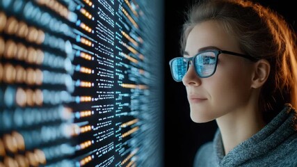 Focused woman with glasses showcases technology through data analysis digital screen with - Powered by Adobe