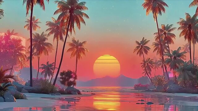 Tropical Sunset: Palm Trees and Coastal Glow Over Calm Waters