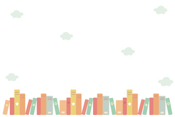 横に並べたカラフルな本と雲の背景