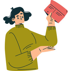 Illustration Of A Person In A Green Turtleneck Sweater Holding Up A Red Rectangular Object With Both Hands In A Studio Setting