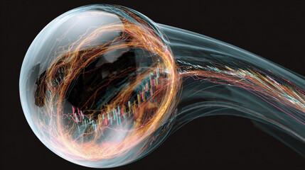 A stock chart spiraling into a semi-transparent floating orb, symbolizing financial growth, market dynamics, and futuristic analytics. A modern, abstract visualization ideal for business and tech conc