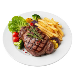 Grilled steak presentation with french fries and fresh greens on a white plate set against a sleek