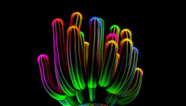 Vibrant abstract neon light trails illuminate a saguaro cactus against a dark background