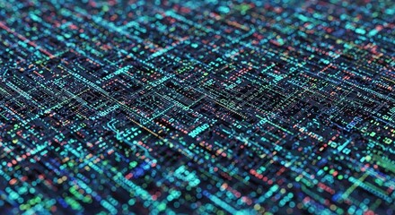 Abstract digital grid with glowing blue and green lights, representing data flow and connectivity.