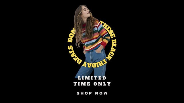 A young woman in a striped sweater and jeans stands against a black background with text "Don't miss these Black Friday deals."
