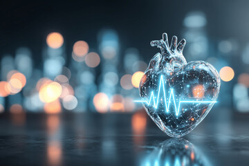 Glass heart with blue electrocardiogram line medical background