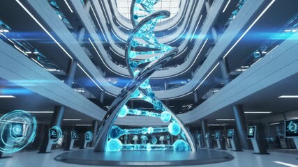 Dna Helix Rotating in Futuristic Science Lab With Glowing Monitors - Powered by Adobe