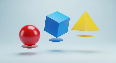 Simple geometric shapes, a red sphere, blue cube, and yellow pyramid, floating against a light blue background.