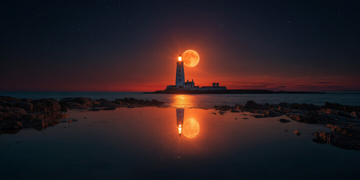 Night seascape with lighthouse and bright orange moon