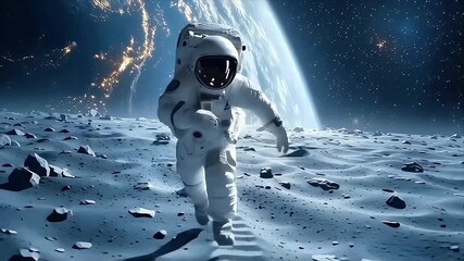 Lunar Explorer: Astronaut Traversing Moon Surface Amidst Cosmic Stars - Powered by Adobe