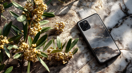 Flat lay smartphone on marble slab minimalist technology device communication modern gadget digital lifestyle luxury elegant sophisticated contemporary design artificial intelligence generated image