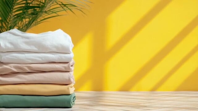Pastel Clothing Stacked Neatly in Home Interior Against Vibrant Yellow Wall