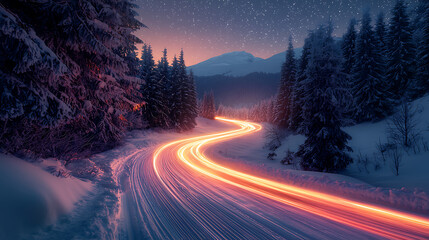 Long exposure car light trails on a winding snowy mountain road at dusk